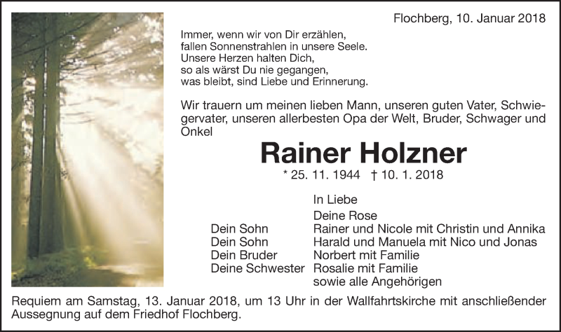  Traueranzeige für Rainer Holzner vom 12.01.2018 aus Schwäbische Post