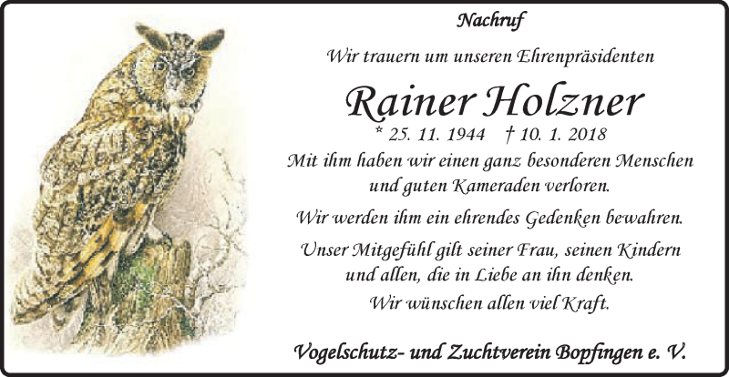 Traueranzeige für Rainer Holzner vom 19.01.2018 aus Bopfinger Stadtanzeiger