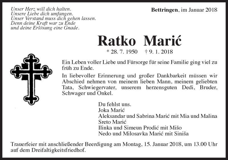  Traueranzeige für Ratko Maric vom 12.01.2018 aus Gmünder Tagespost