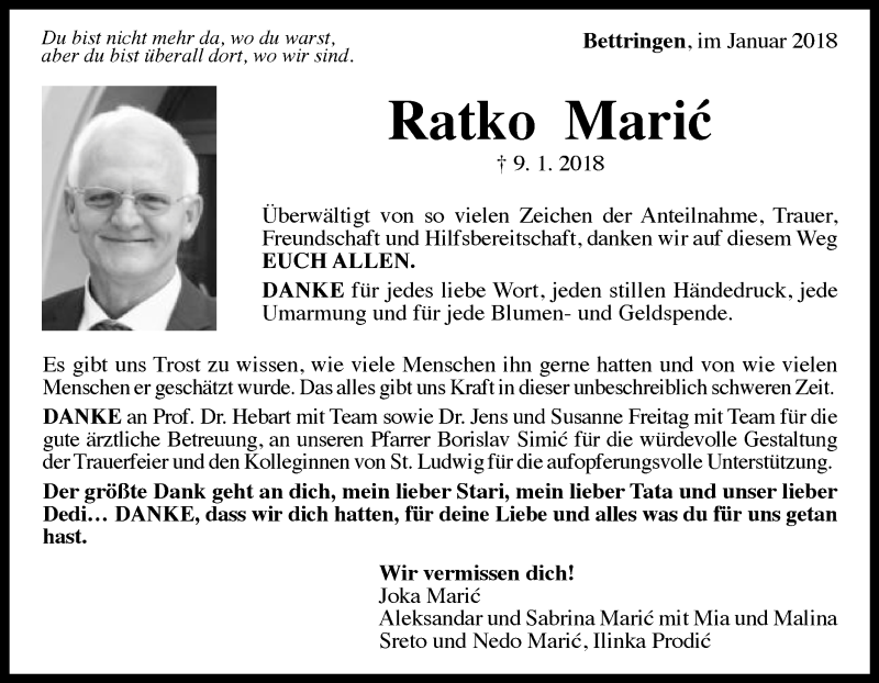  Traueranzeige für Ratko Maric vom 31.01.2018 aus Gmünder Tagespost