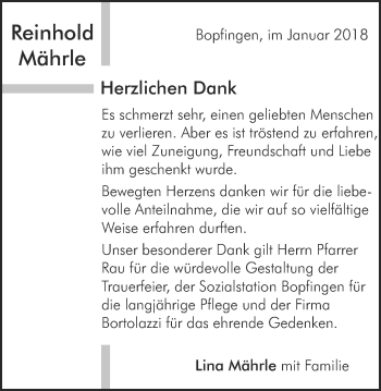 Traueranzeige von Reinhold Mährle von Schwäbische Post