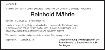 Traueranzeige von Reinhold Mährle von Schwäbische Post