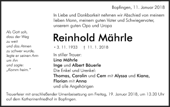 Traueranzeige von Reinhold Mährle von Schwäbische Post