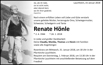 Traueranzeige von Renate Hönle von Schwäbische Post