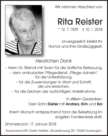 Traueranzeige von Rita Reister von Gmünder Tagespost