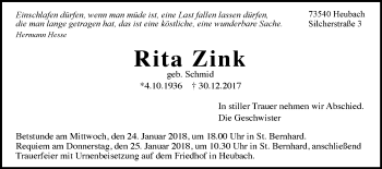 Traueranzeige von Rita Zink von Gmünder Tagespost