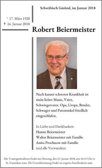 Traueranzeige von Robert Beiermeister von Gmünder Tagespost