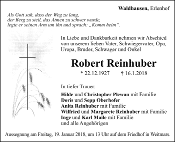 Traueranzeige von Robert Reinhuber von Gmünder Tagespost
