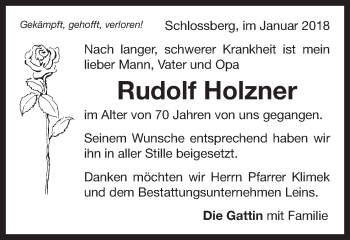 Traueranzeige von Rudolf Holzner von Bopfinger Stadtanzeiger