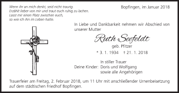 Traueranzeige von Ruth Seefeldt von Schwäbische Post