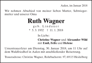 Traueranzeige von Ruth Wagner von Schwäbische Post