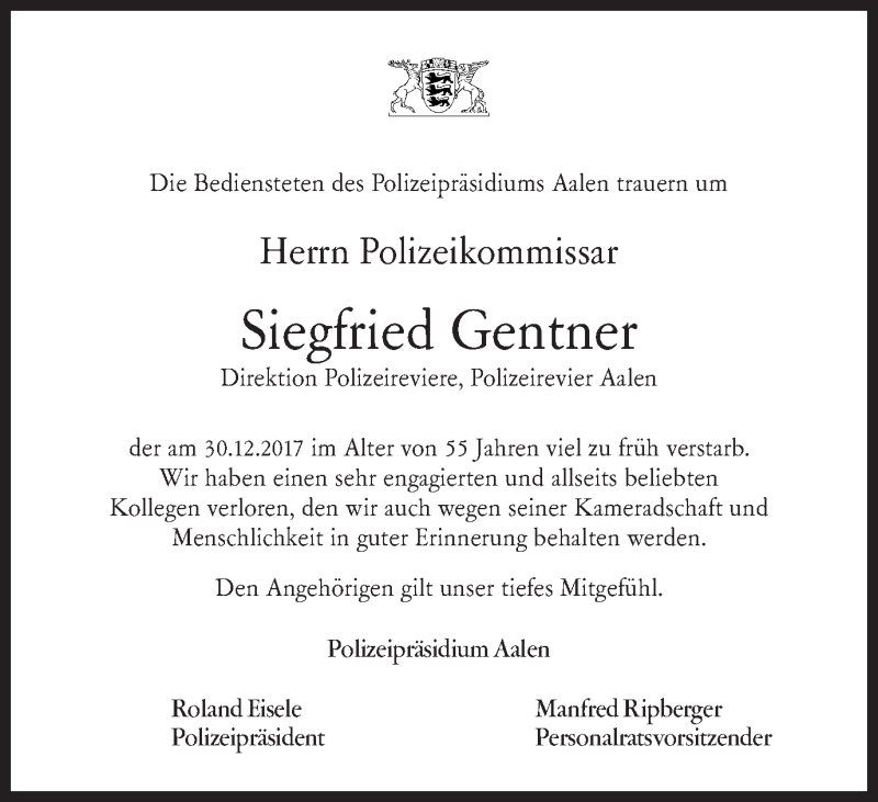 Traueranzeige für Siegfried Gentner vom 04.01.2018 aus Schwäbische Post