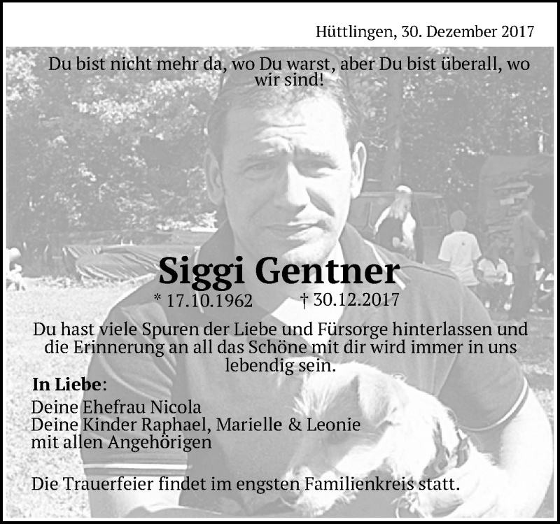  Traueranzeige für Siggi Gentner vom 02.01.2018 aus Schwäbische Post