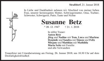 Traueranzeige von Susanne Betz von Gmünder Tagespost