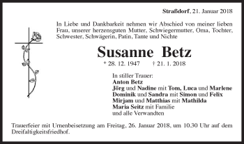 Traueranzeige von Susanne Betz