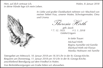 Traueranzeige von Theresia Hirth von Schwäbische Post