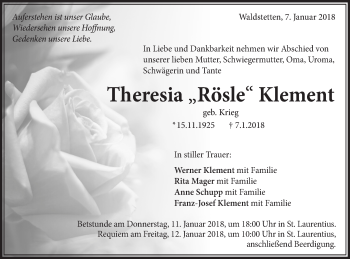 Traueranzeige von Theresia Rösle Klement von Gmünder Tagespost