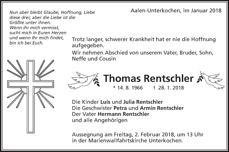  Traueranzeige für Thomas Rentschler vom 31.01.2018 aus Schwäbische Post