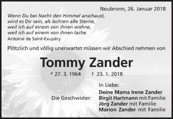 Traueranzeige von Tommy Zander von Schwäbische Post