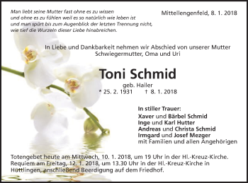 Traueranzeige von Toni Schmid von Schwäbische Post