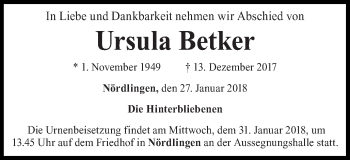 Traueranzeige von Ursula Betker von Schwäbische Post