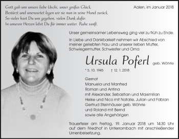 Traueranzeige von Ursula Poferl von Schwäbische Post