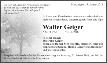 Traueranzeige von Walter Geiger von Schwäbische Post