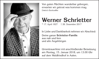 Traueranzeige von Werner Schrietter von Schwäbische Post