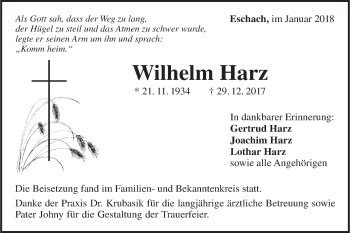 Traueranzeige von Wilhelm Harz von Gmünder Tagespost