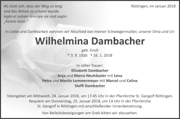 Traueranzeige von Wilhelmina Dambacher von Schwäbische Post