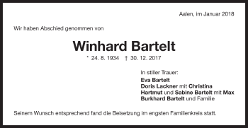 Traueranzeige von Winhard Bartelt von Schwäbische Post
