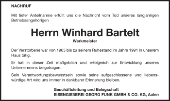 Traueranzeige von Winhard Bartelt von Schwäbische Post