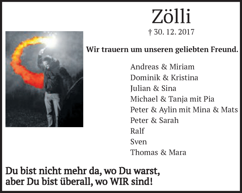 Traueranzeige für Zölli  vom 03.01.2018 aus Schwäbische Post