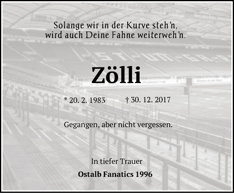  Traueranzeige für Zölli  vom 03.01.2018 aus Schwäbische Post