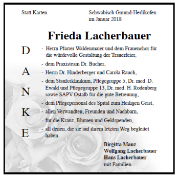 Traueranzeige von Frieda Lacherbauer von  Gmünder Tagespost