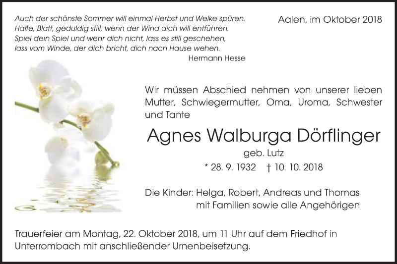  Traueranzeige für Agnes Walburga Dörflinger vom 18.10.2018 aus Schwäbische Post