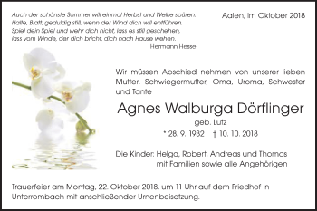 Traueranzeige von Agnes Walburga Dörflinger von Schwäbische Post