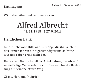 Traueranzeige von Alfred Albrecht von Schwäbische Post