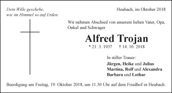 Traueranzeige von Alfred Trojan von Gmünder Tagespost