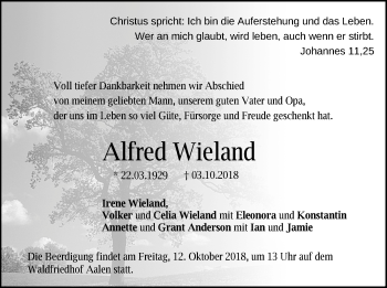 Traueranzeige von Alfred Wieland von Schwäbische Post