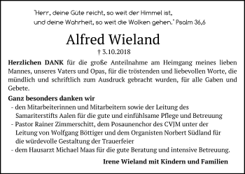 Traueranzeige von Alfred Wieland von Schwäbische Post