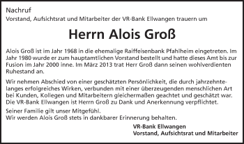 Traueranzeige von Alois Groß von Schwäbische Post