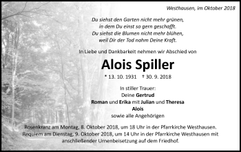 Traueranzeige von Alois Spiller von Schwäbische Post