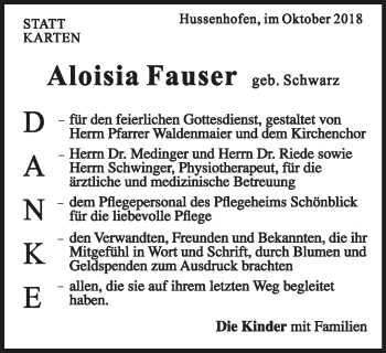Traueranzeige von Aloisia Fauser von Gmünder Tagespost