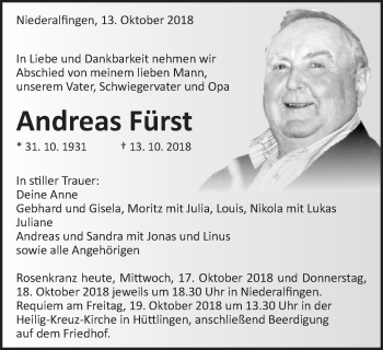 Traueranzeige von Andreas Fürst von Schwäbische Post