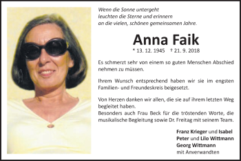 Traueranzeige von Anna Faik von Gmünder Tagespost