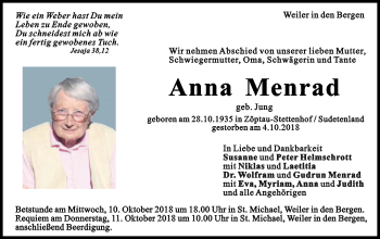Traueranzeige von Anna Menrad von Gmünder Tagespost