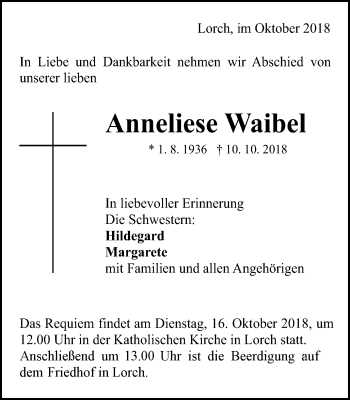 Traueranzeige von Anneliese Waibel von Gmünder Tagespost