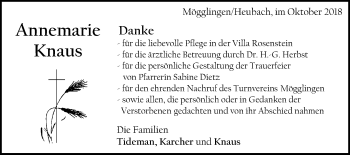 Traueranzeige von Annemarie Knaus von Gmünder Tagespost