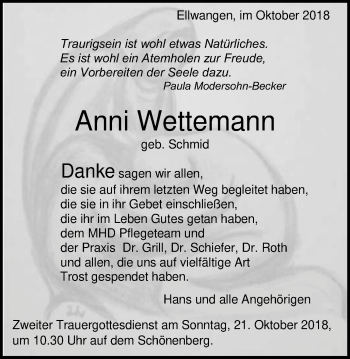 Traueranzeige von Anni Wettemann von Schwäbische Post
